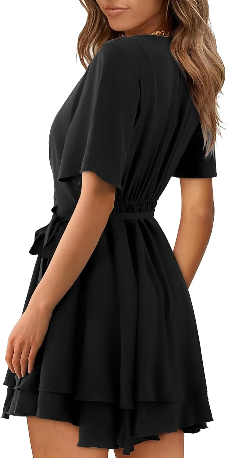 Women Wrap Dress Casual Mini V Neck Fall Long Sleeve Wedding Guest Dresses with Belt