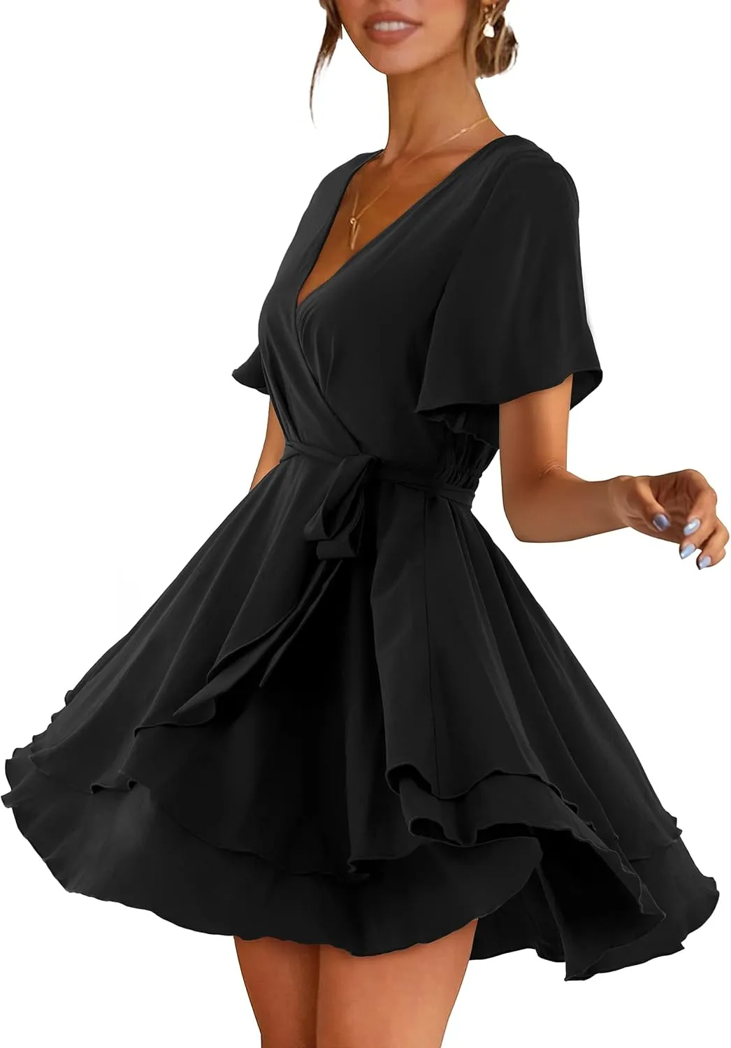 Women Wrap Dress Casual Mini V Neck Fall Long Sleeve Wedding Guest Dresses with Belt