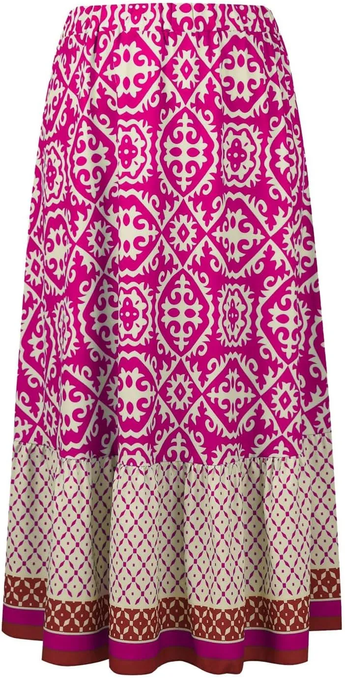 Women's 2025 Bohemian Long Skirts Flowy Elastic High Waist A Line Maxi Skirts Summer Printed Pleated Mini Skirt