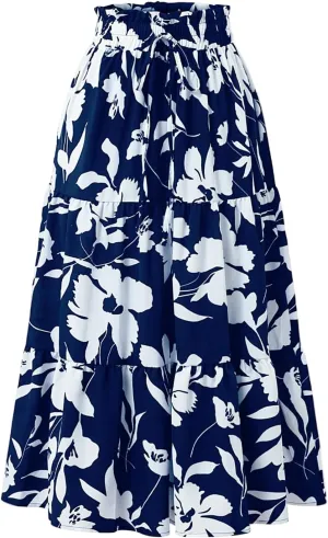 Women's 2025 Spring High Waist Floral Pleated A Line Boho Beach Casual Swing Long Skirts, S-XL