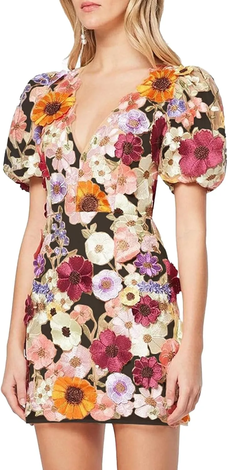 Women's 3D Floral Embroidery Dress Ruffle Sleeve Deep V Lace Bodycon Party Cocktail Mini Dress(Black-3XL)