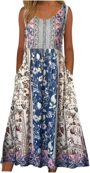Women's Boho Floral Sleeveless Maxi Sundress Casual Loose Summer Beach Vacation Flowy Tank Dress with Pockets