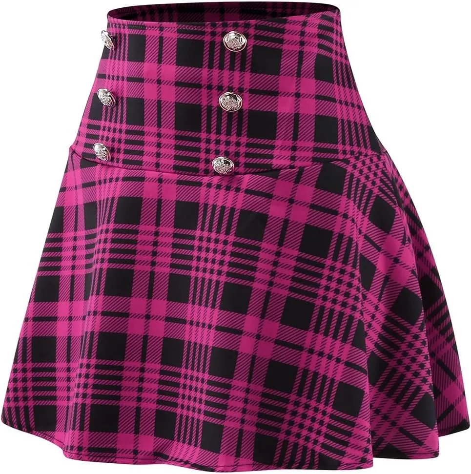 Women's Casual High Waist Plaid A Line Pleated Mini Skirt Comfy Casual Stretchy Band Skater School Skirt (Hot Pink, XL)