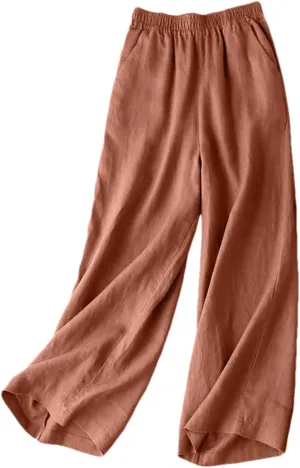 Women's Casual Summer Cotton Linen Wide Leg High Waist Straight Pants in Solid Color Trousers