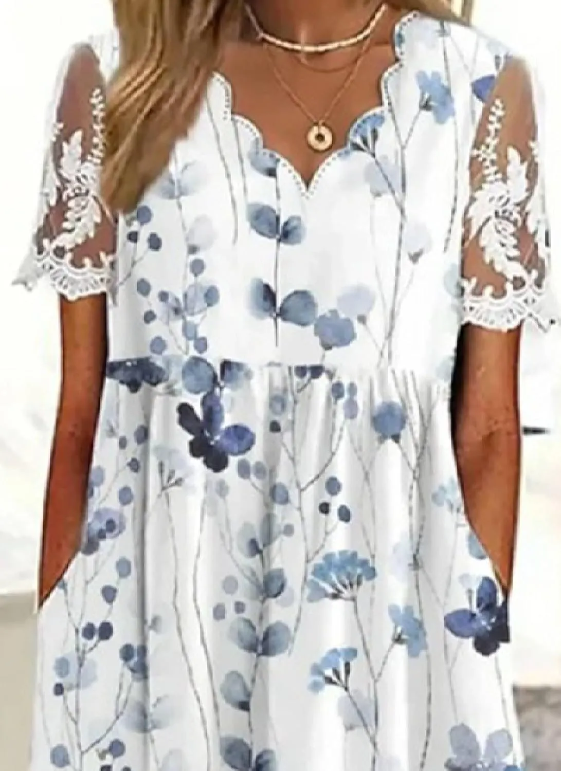 Womens Elegant V Neck Lace Short Sleeve Maxi Dress Bohemian Floral Print Daily Date Dress with Side Pockets
