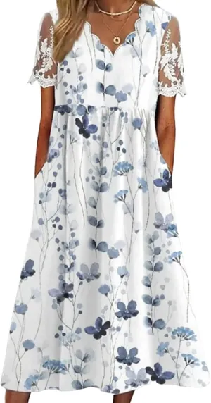 Womens Elegant V Neck Lace Short Sleeve Maxi Dress Bohemian Floral Print Daily Date Dress with Side Pockets