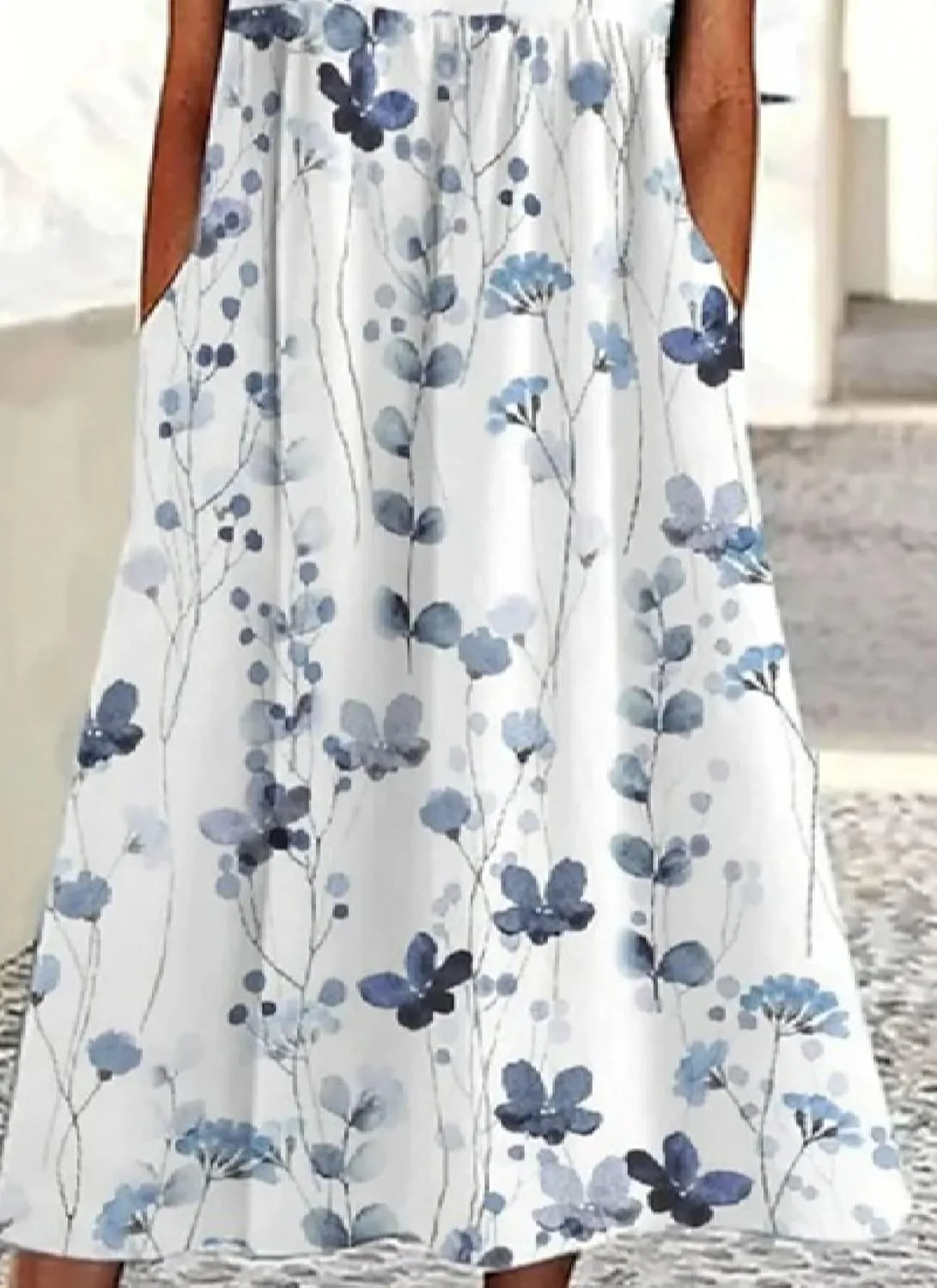 Womens Elegant V Neck Lace Short Sleeve Maxi Dress Bohemian Floral Print Daily Date Dress with Side Pockets