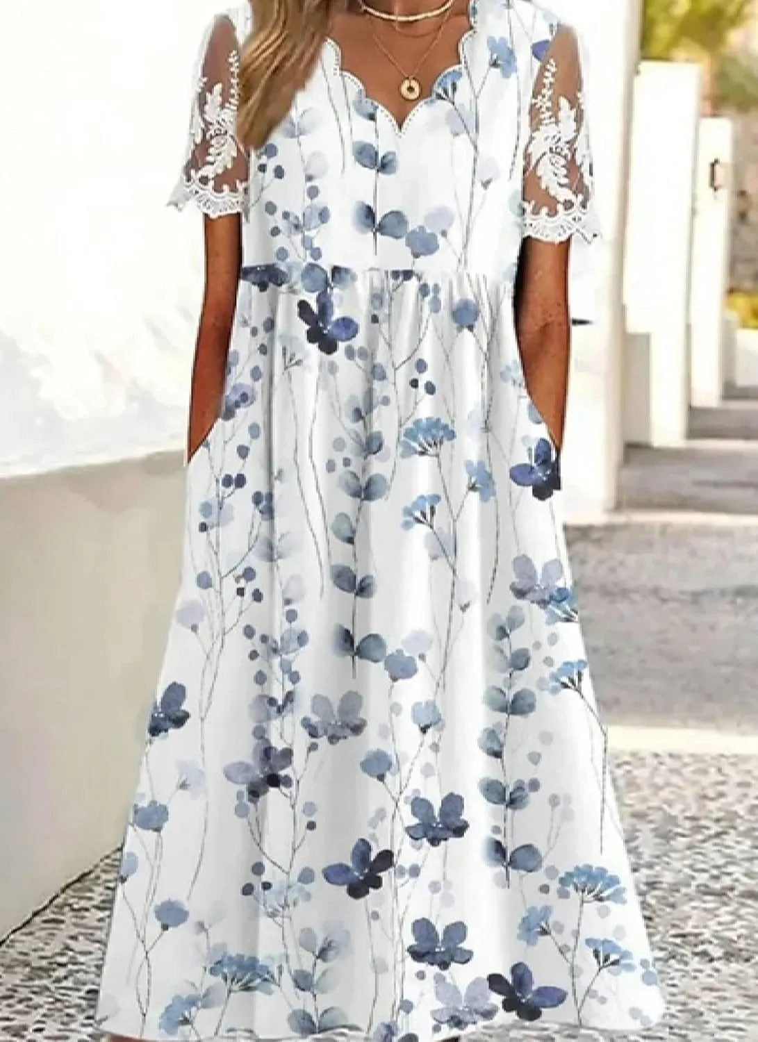 Womens Elegant V Neck Lace Short Sleeve Maxi Dress Bohemian Floral Print Daily Date Dress with Side Pockets