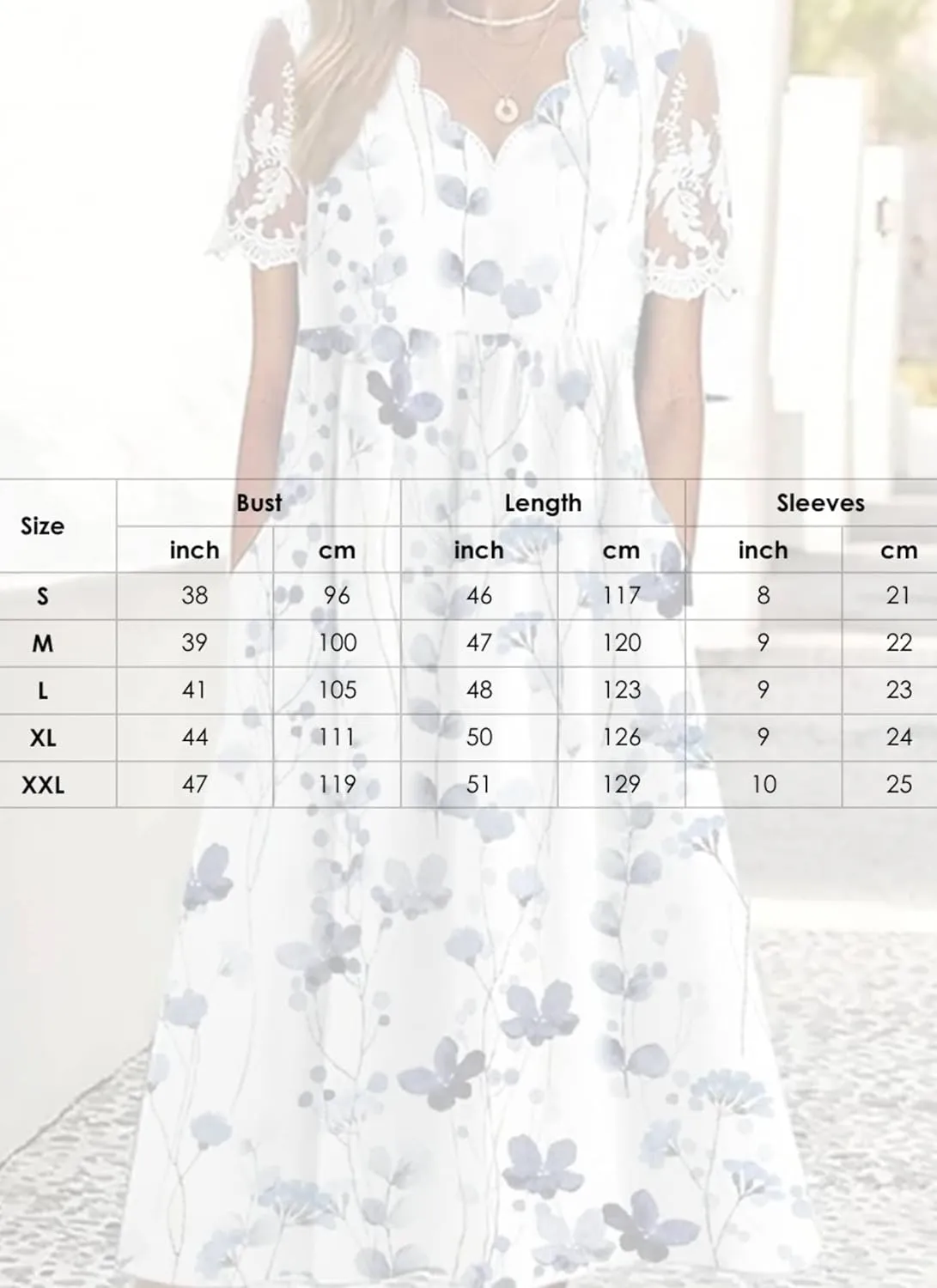 Womens Elegant V Neck Lace Short Sleeve Maxi Dress Bohemian Floral Print Daily Date Dress with Side Pockets