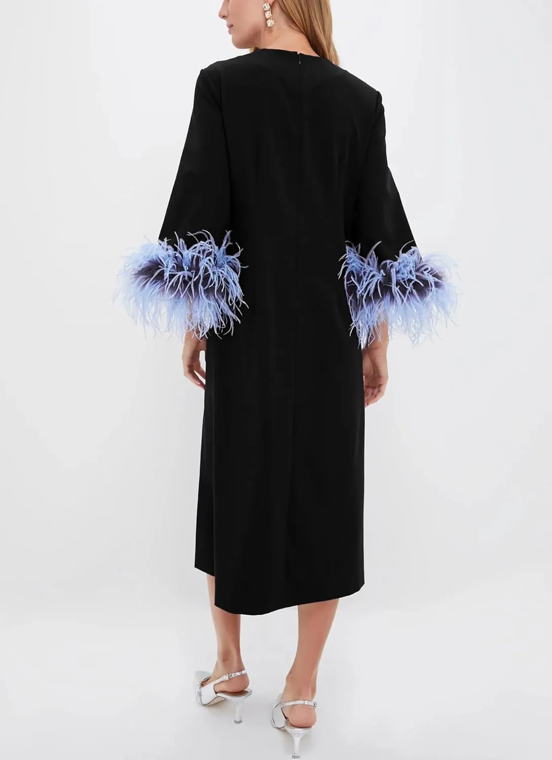 Womens Feather Dress Crewneck Casual Mini Long Dress 3/4 Sleeves Elegant Cocktail Dress