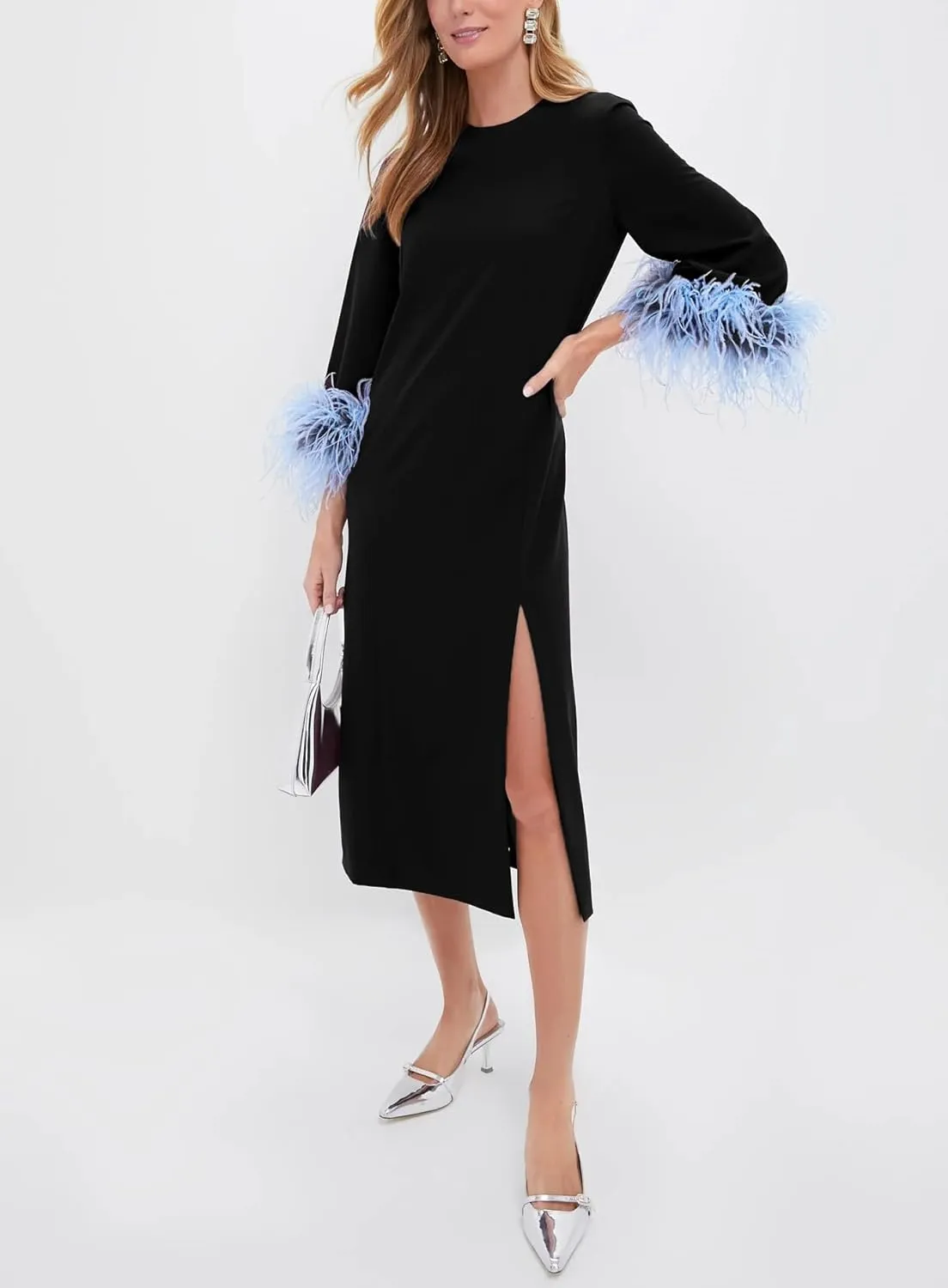 Womens Feather Dress Crewneck Casual Mini Long Dress 3/4 Sleeves Elegant Cocktail Dress
