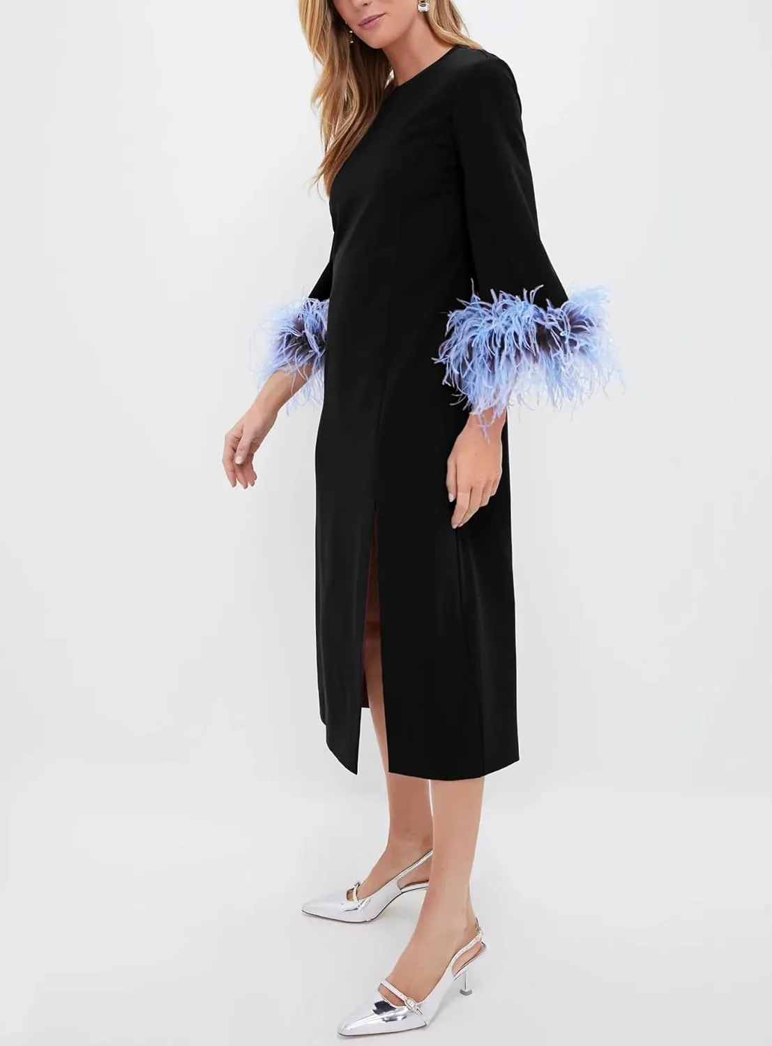 Womens Feather Dress Crewneck Casual Mini Long Dress 3/4 Sleeves Elegant Cocktail Dress