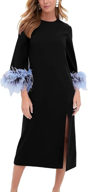Womens Feather Dress Crewneck Casual Mini Long Dress 3/4 Sleeves Elegant Cocktail Dress