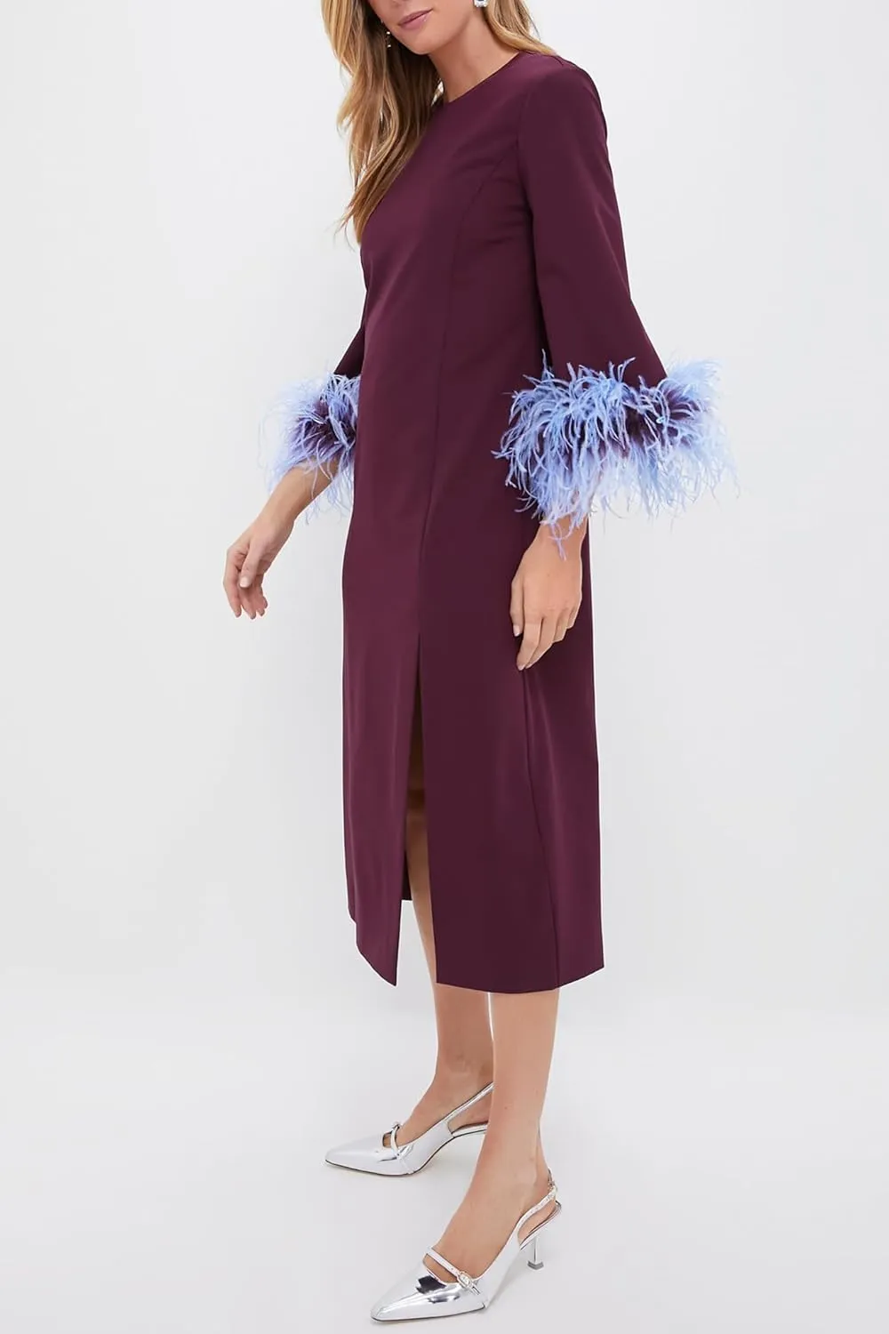Womens Feather Dress Crewneck Casual Mini Long Dress 3/4 Sleeves Elegant Cocktail Dress