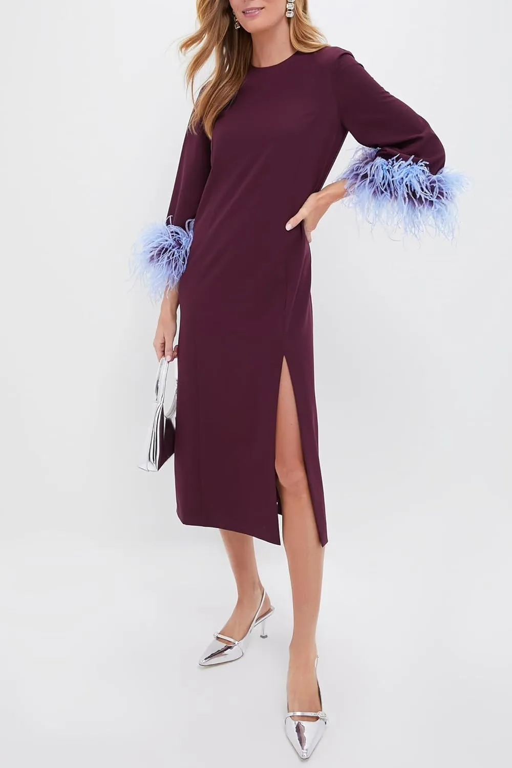 Womens Feather Dress Crewneck Casual Mini Long Dress 3/4 Sleeves Elegant Cocktail Dress