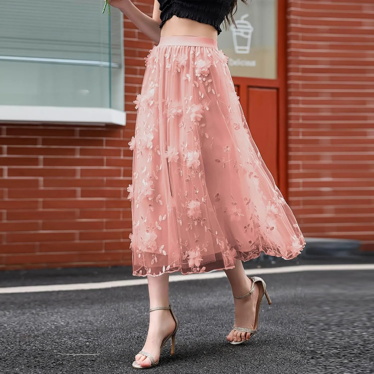 Women's Floral Embroidered Mesh A-Line Midi Skirt 3D Posy Flowy Swing A-Line Pleated Tulle Layered Fairy Skirts
