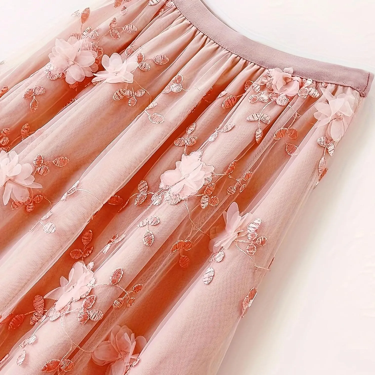 Women's Floral Embroidered Mesh A-Line Midi Skirt 3D Posy Flowy Swing A-Line Pleated Tulle Layered Fairy Skirts