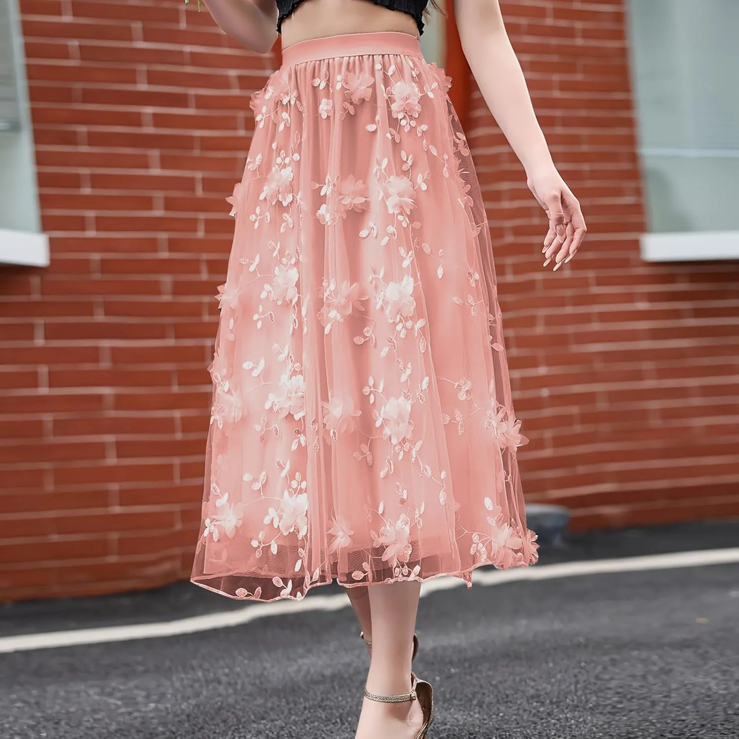 Women's Floral Embroidered Mesh A-Line Midi Skirt 3D Posy Flowy Swing A-Line Pleated Tulle Layered Fairy Skirts