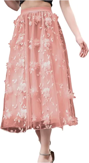 Women's Floral Embroidered Mesh A-Line Midi Skirt 3D Posy Flowy Swing A-Line Pleated Tulle Layered Fairy Skirts