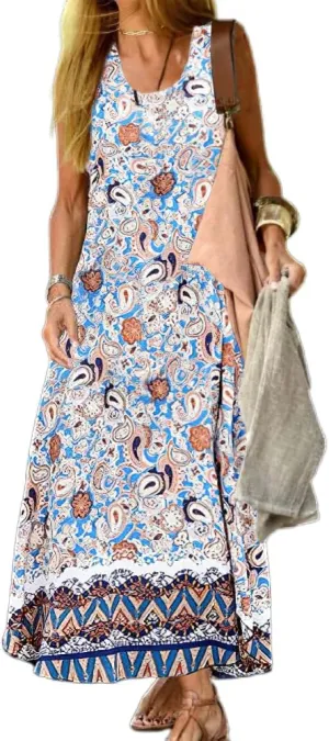 Womens Flowy Cotton Linen Boho Floral Sleeveless Maxi Dresses Casual Loose Summer Vacation Dress with Pockets