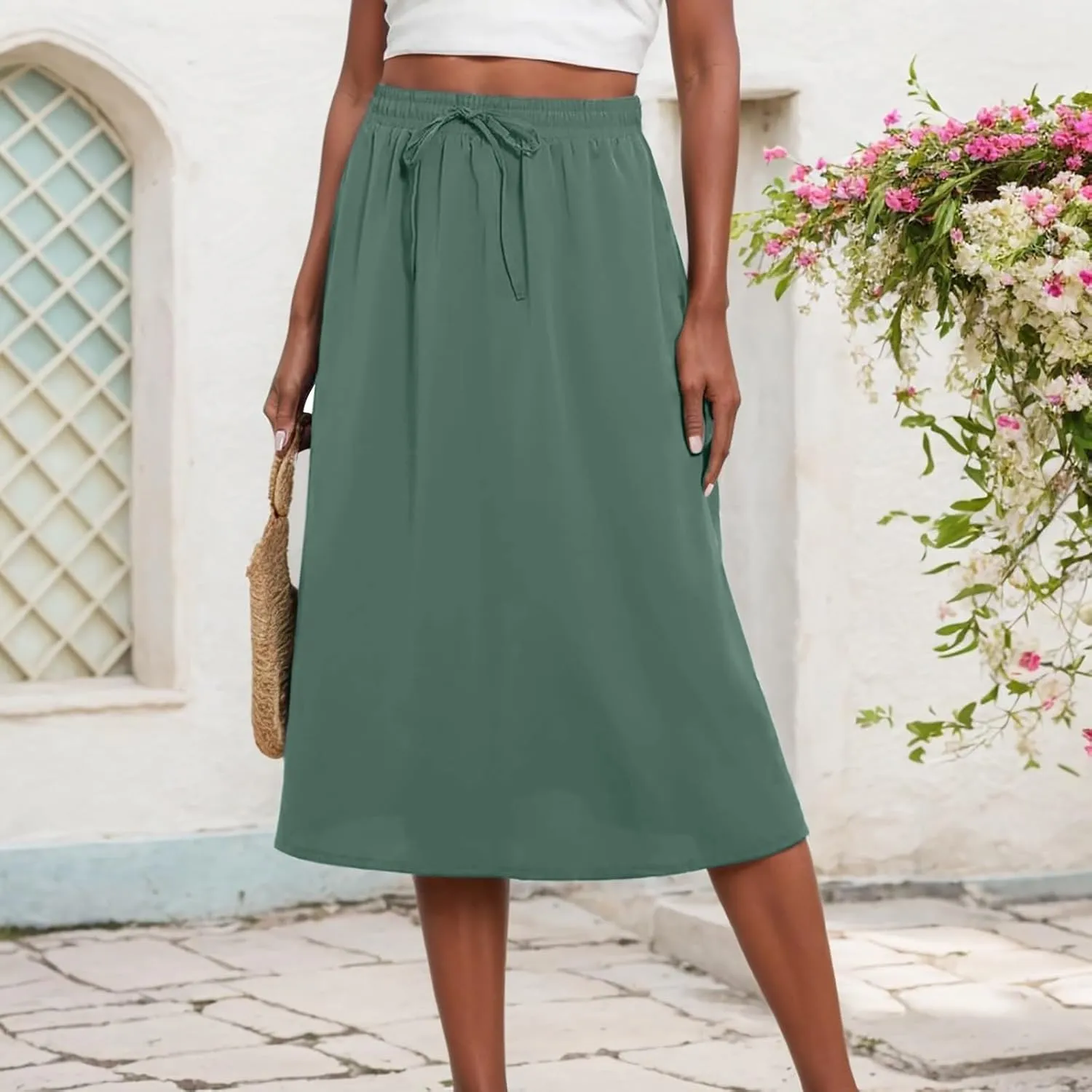 Womens High Waisted Skirts Drawstring Lightweight Casual Baggy Skirt Comfortable Elastic Waisted Skorts with Pockets