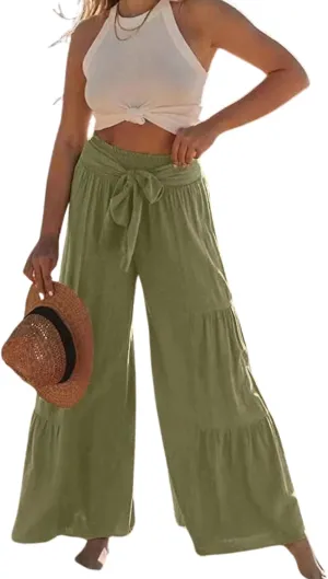 Womens High Waisted Tiered Pleated Pant Summer Casual Tie Front Wide Leg Trousers Ruffle Hem Beach Lounge Pants