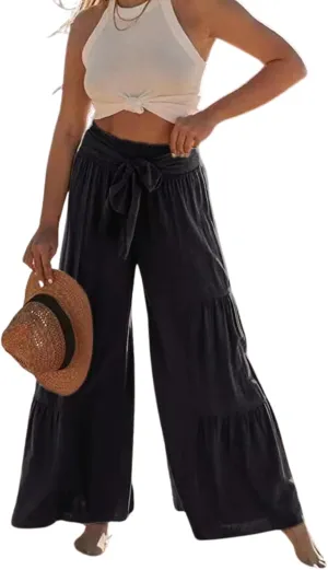 Womens High Waisted Tiered Pleated Pant Summer Casual Tie Front Wide Leg Trousers Ruffle Hem Beach Lounge Pants