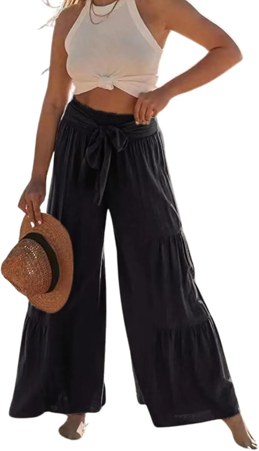 Womens High Waisted Tiered Pleated Pant Summer Casual Tie Front Wide Leg Trousers Ruffle Hem Beach Lounge Pants