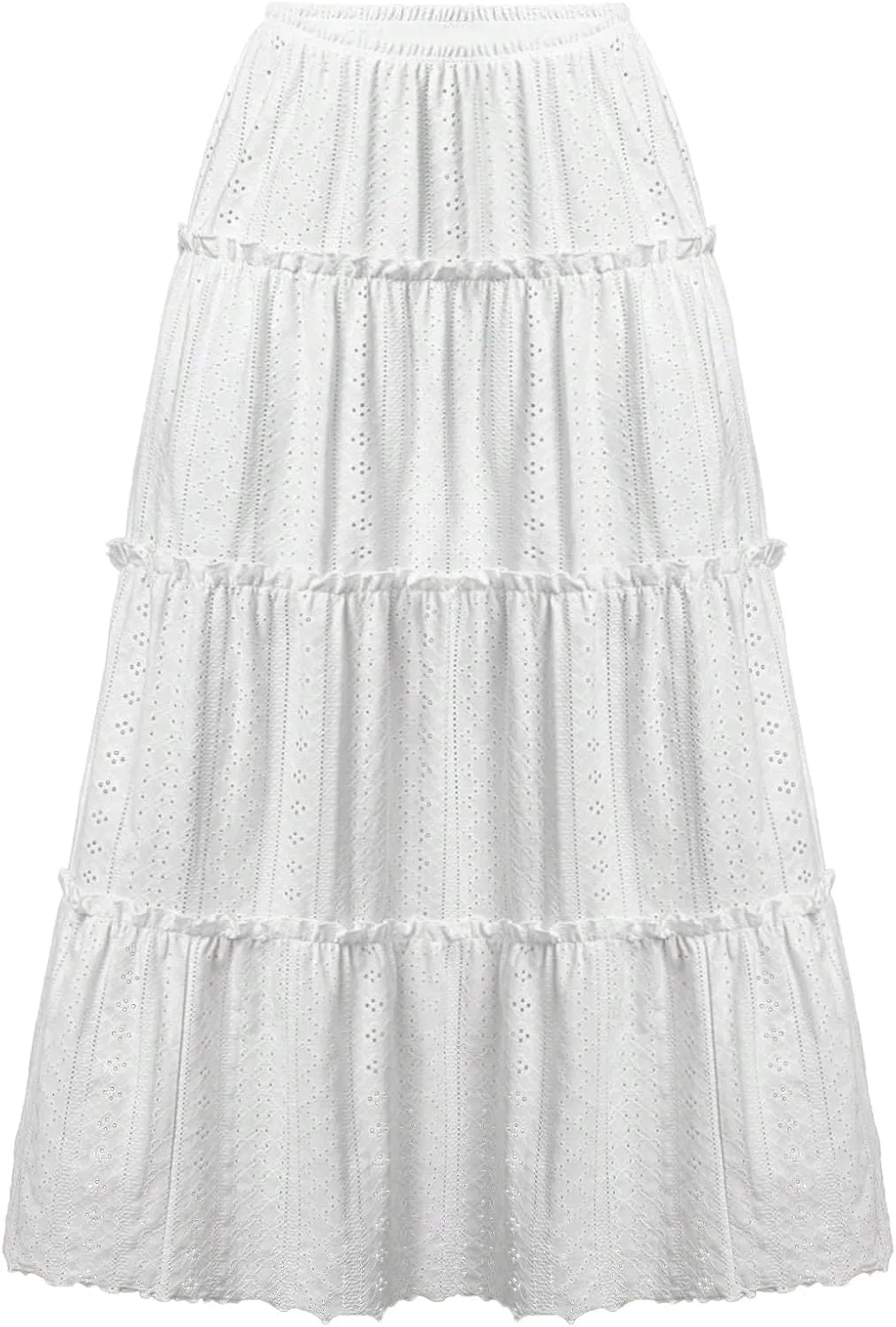 Women's Lace Embroidery Eyelet Maxi Skirt High Elastic Waisted Tiered A-Line Flowy Swing Boho Midi Long Skirts