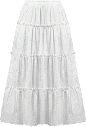 Women's Lace Embroidery Eyelet Maxi Skirt High Elastic Waisted Tiered A-Line Flowy Swing Boho Midi Long Skirts