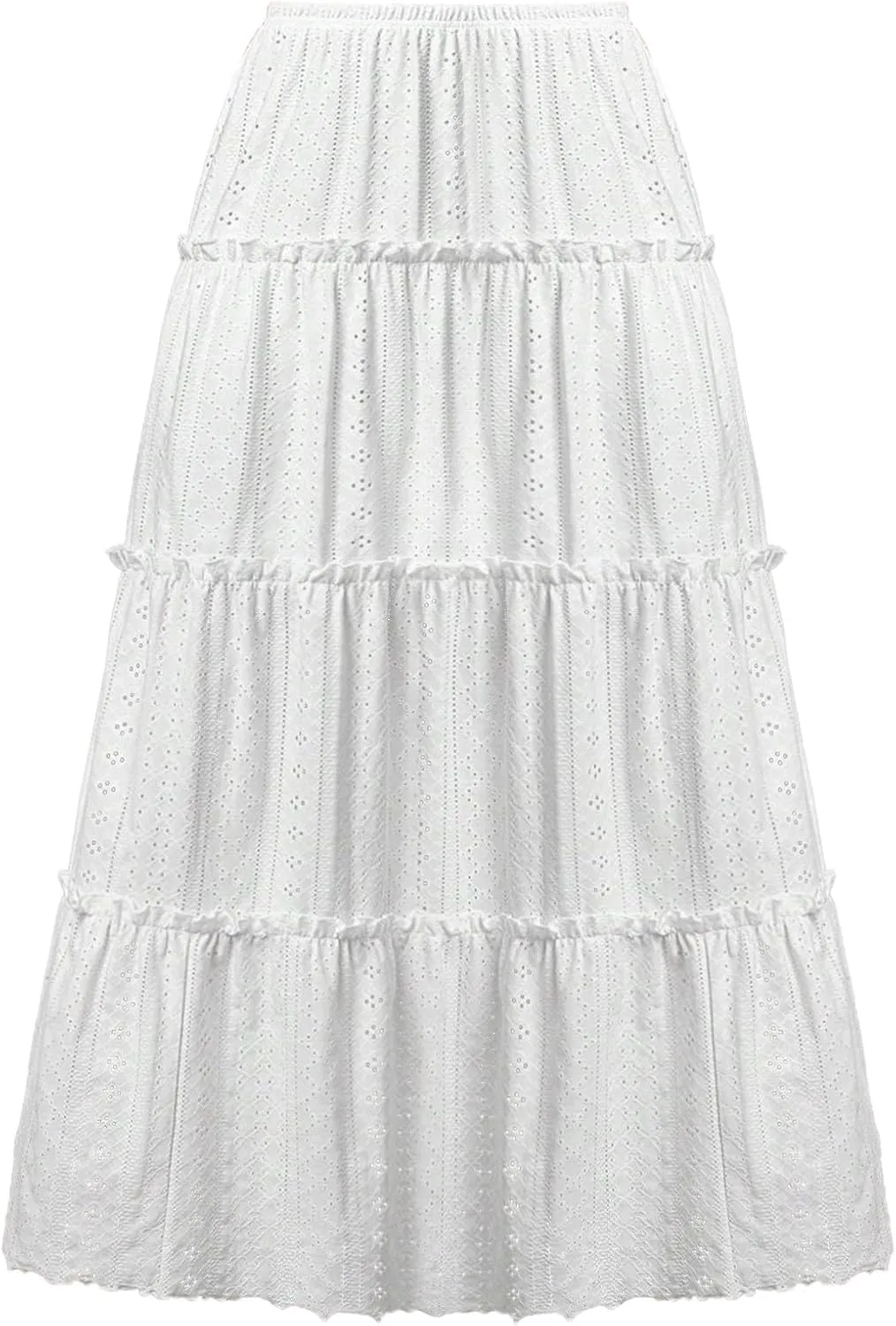 Women's Lace Embroidery Eyelet Maxi Skirt High Elastic Waisted Tiered A-Line Flowy Swing Boho Midi Long Skirts