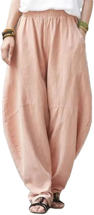 Womens Linen Harem Pants Elastic Waist Loose Fit Casual Solid Color Summer Harajuku Trousers