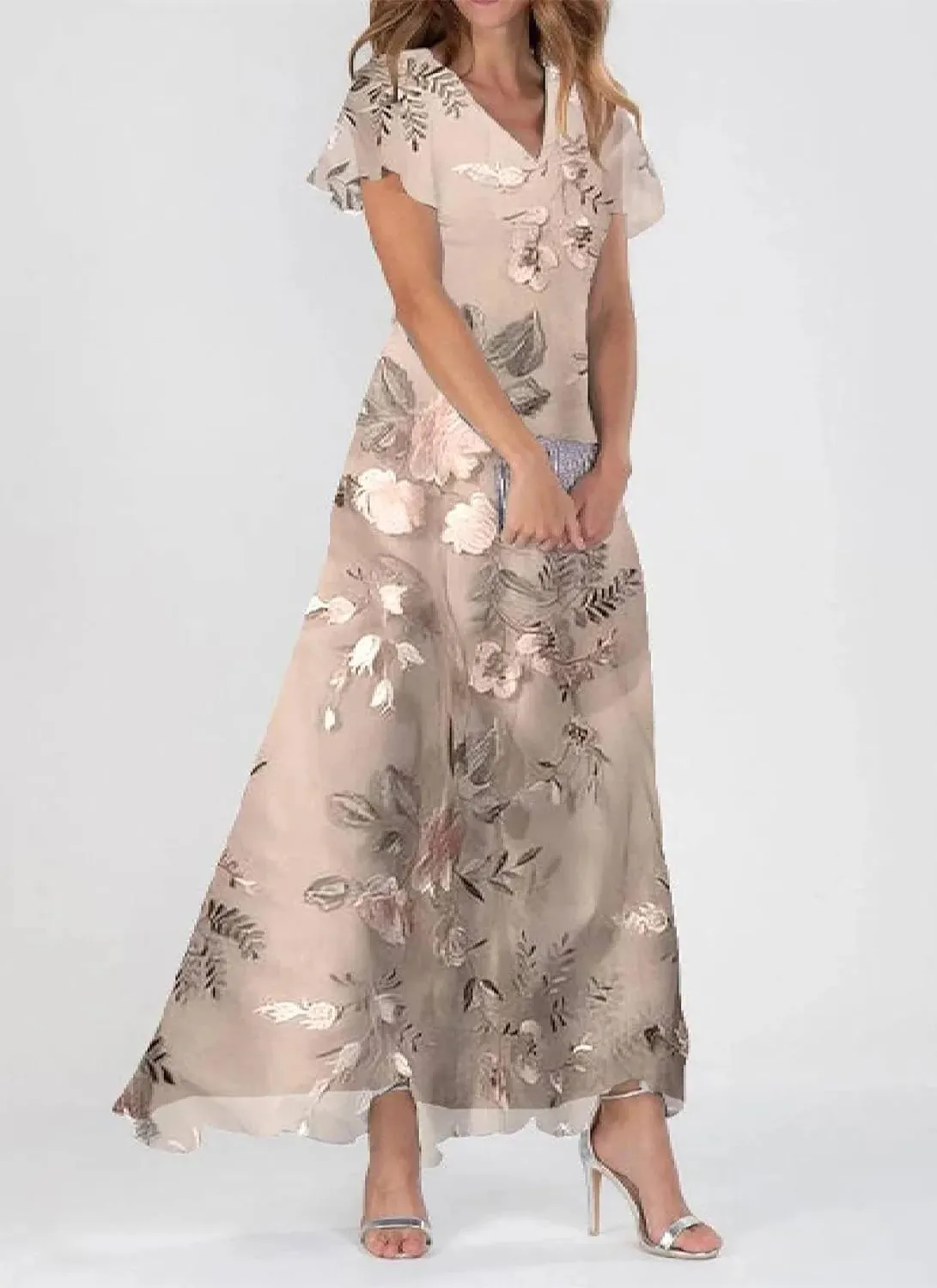 Women's Maxi Dress Champagne Floral Print Short Sleeve V-Neck Elegant Flowy 2025 Spring Summer Cocktail Party Dress