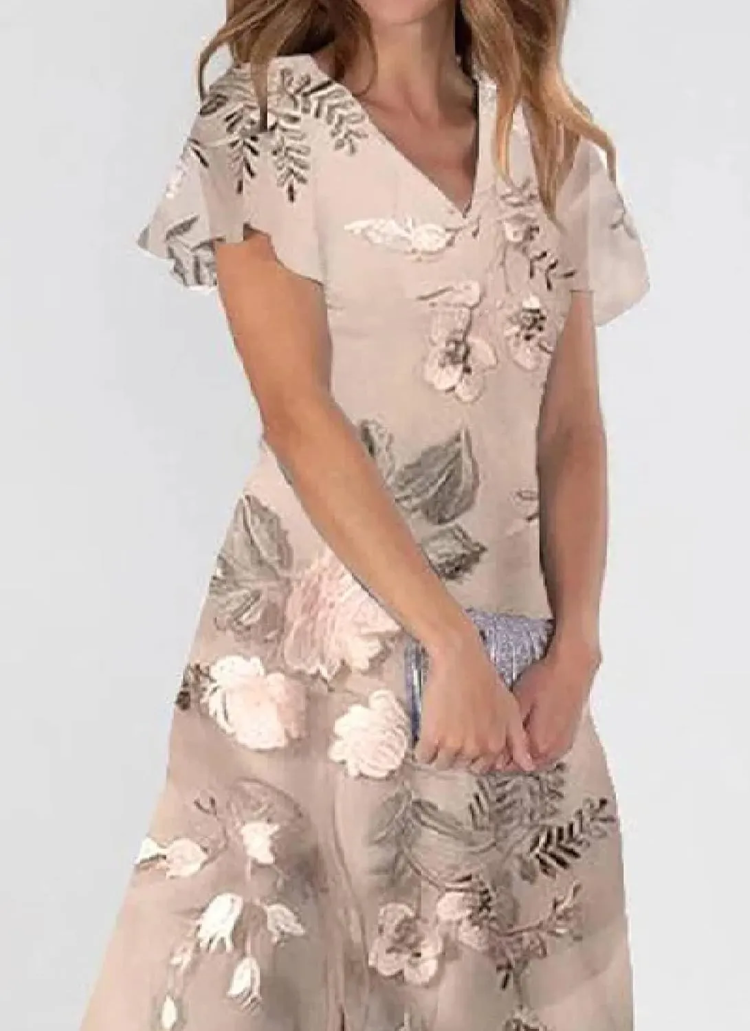 Women's Maxi Dress Champagne Floral Print Short Sleeve V-Neck Elegant Flowy 2025 Spring Summer Cocktail Party Dress