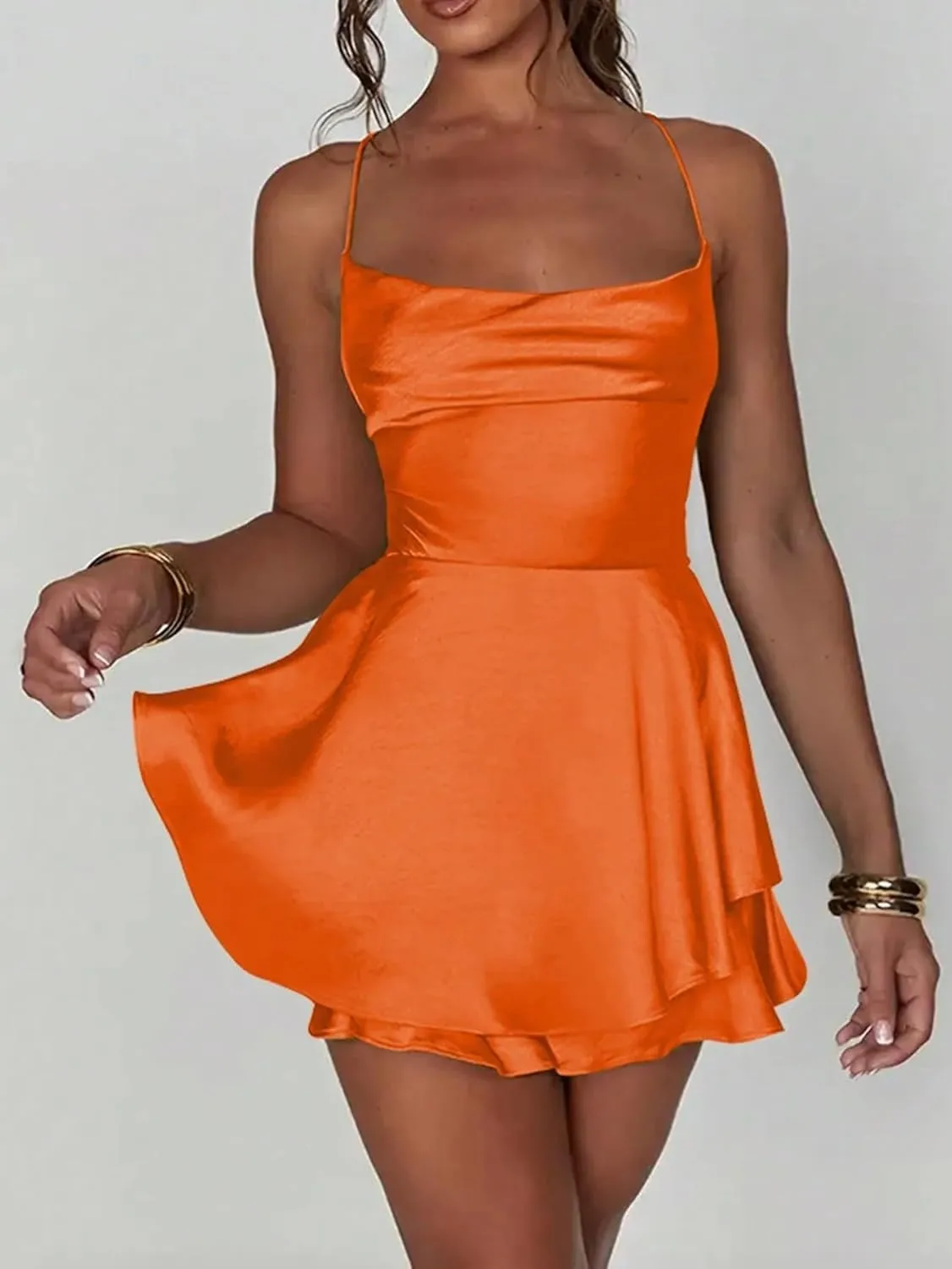 Women's Pleated Mini Short Outfit Cute Cami Dresses Backless Fashion Dresses for Women