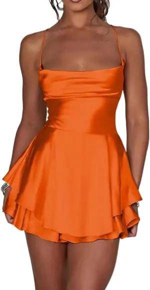 Women's Pleated Mini Short Outfit Cute Cami Dresses Backless Fashion Dresses for Women