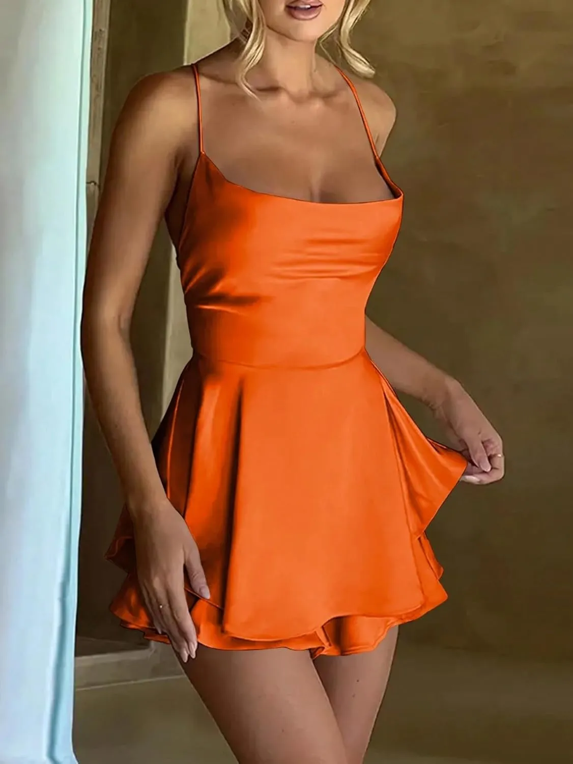 Women's Pleated Mini Short Outfit Cute Cami Dresses Backless Fashion Dresses for Women