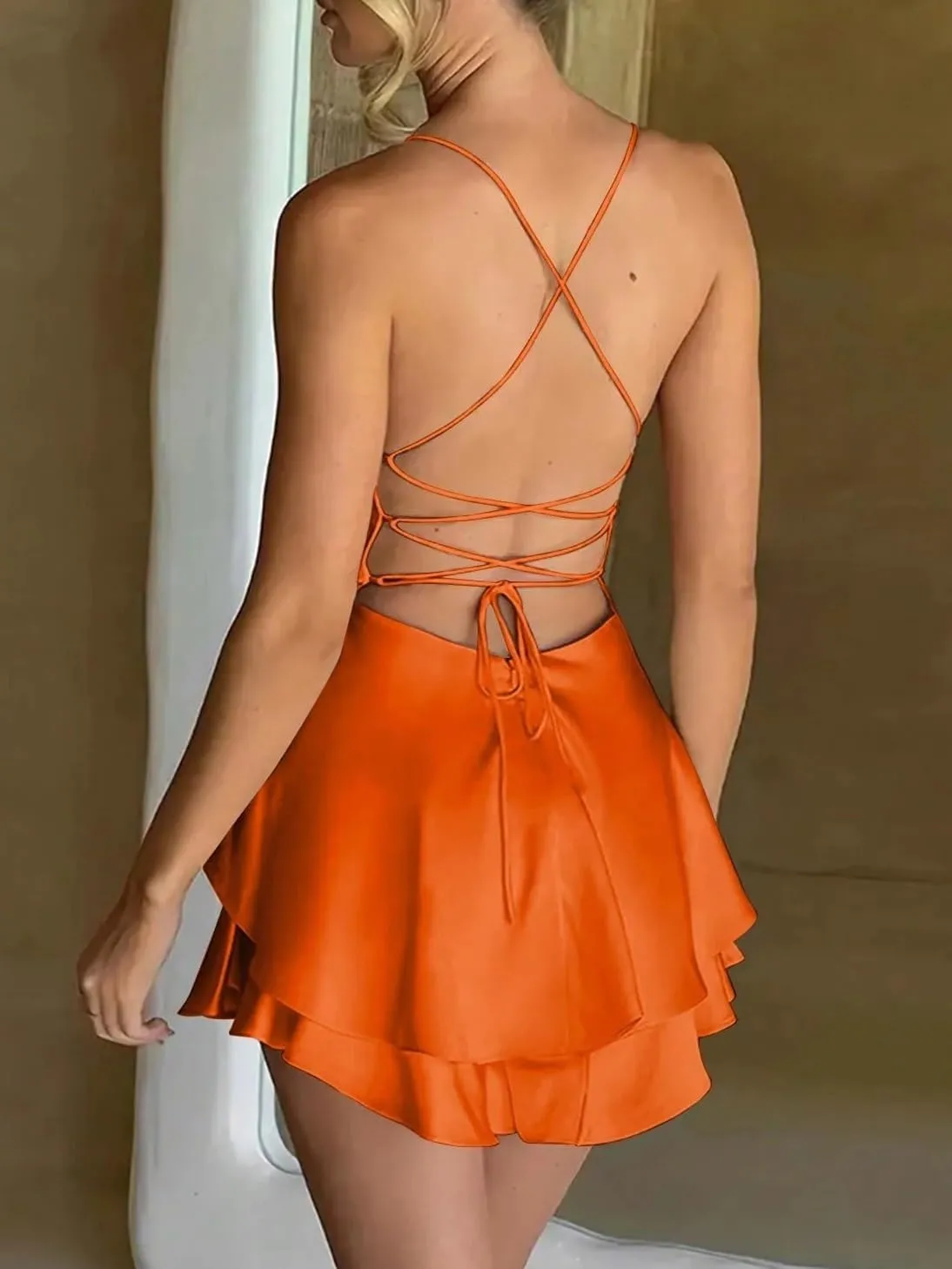 Women's Pleated Mini Short Outfit Cute Cami Dresses Backless Fashion Dresses for Women