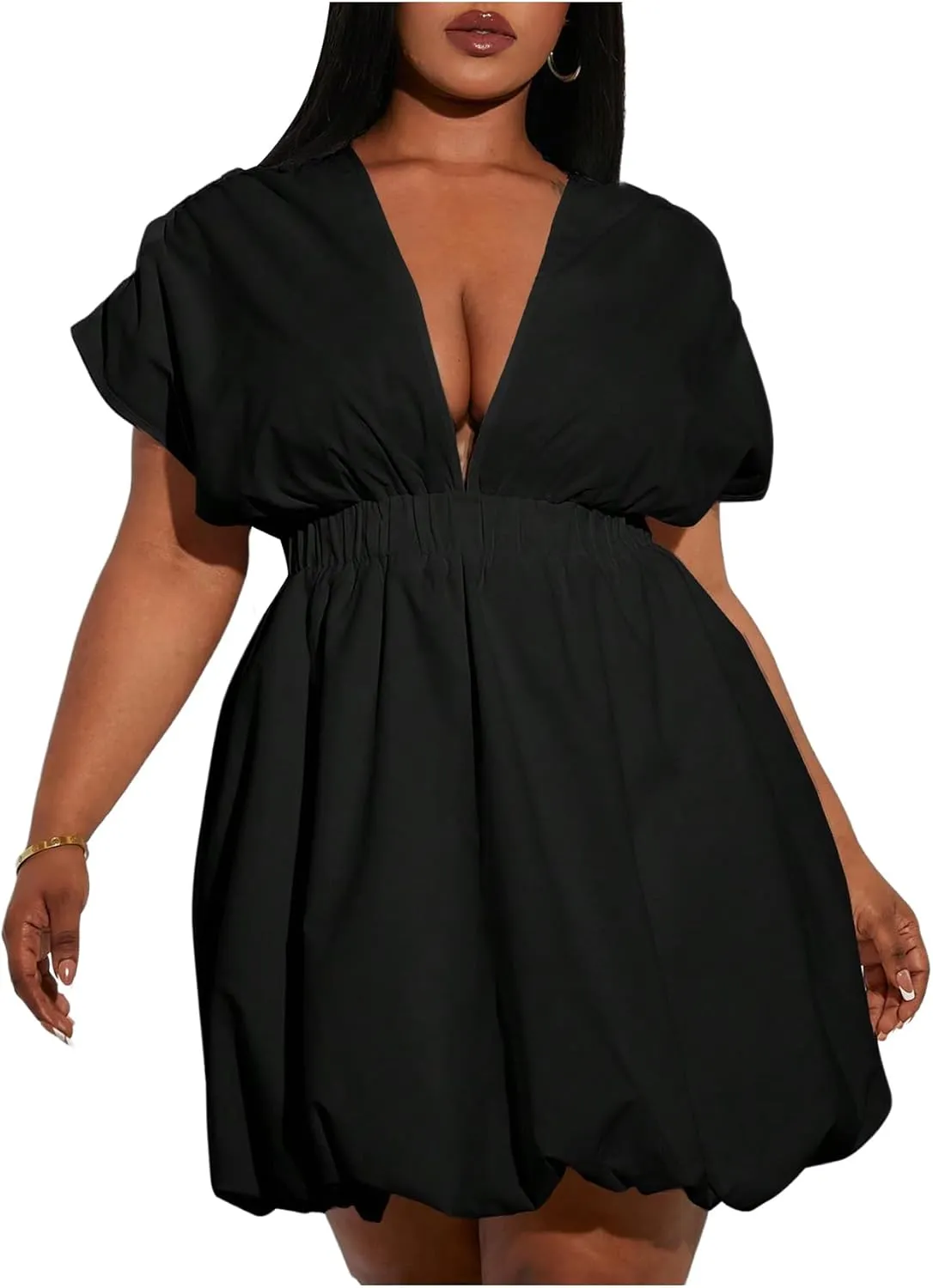 Women's Plus Size Deep V Neck Mini Bubble Dress Short Sleeve Puffy Dresses