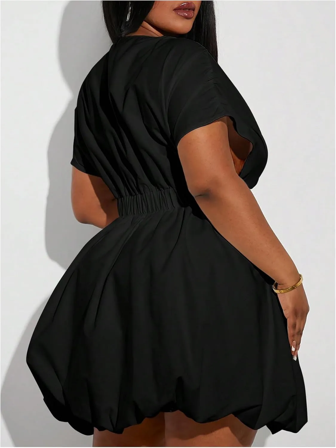 Women's Plus Size Deep V Neck Mini Bubble Dress Short Sleeve Puffy Dresses