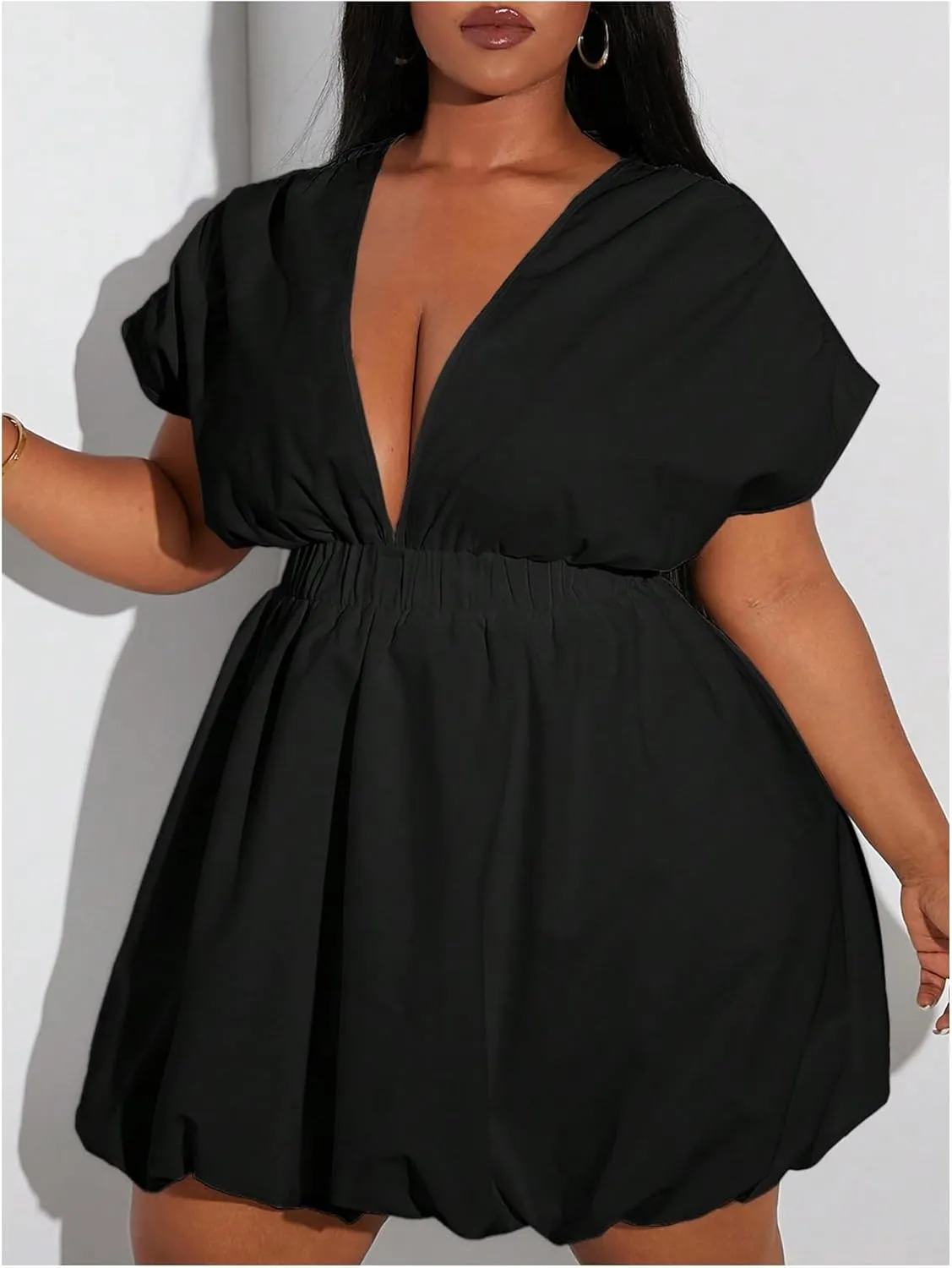 Women's Plus Size Deep V Neck Mini Bubble Dress Short Sleeve Puffy Dresses