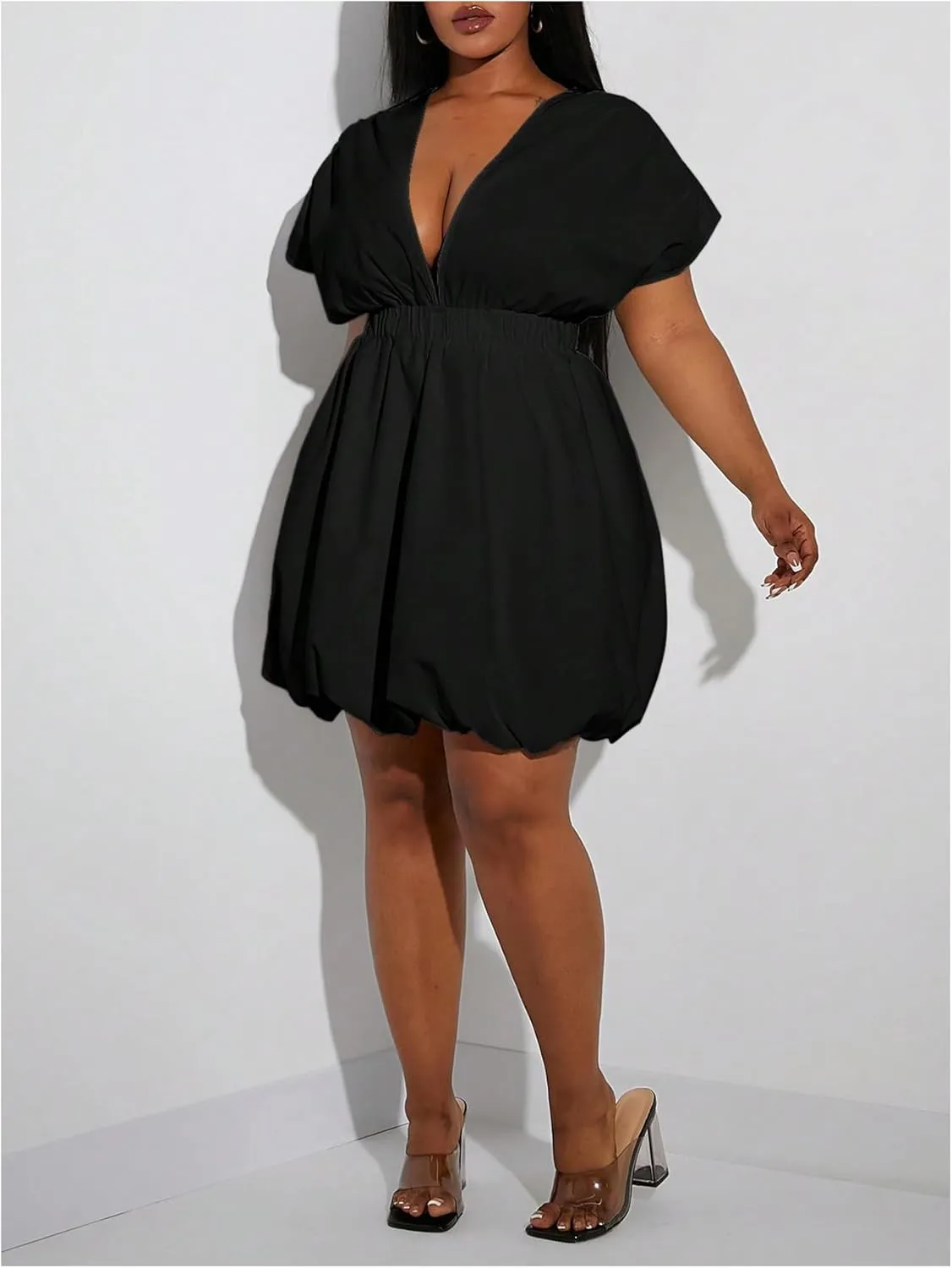 Women's Plus Size Deep V Neck Mini Bubble Dress Short Sleeve Puffy Dresses