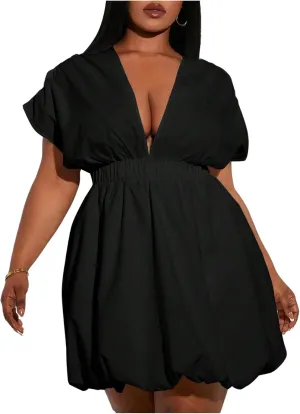 Women's Plus Size Deep V Neck Mini Bubble Dress Short Sleeve Puffy Dresses