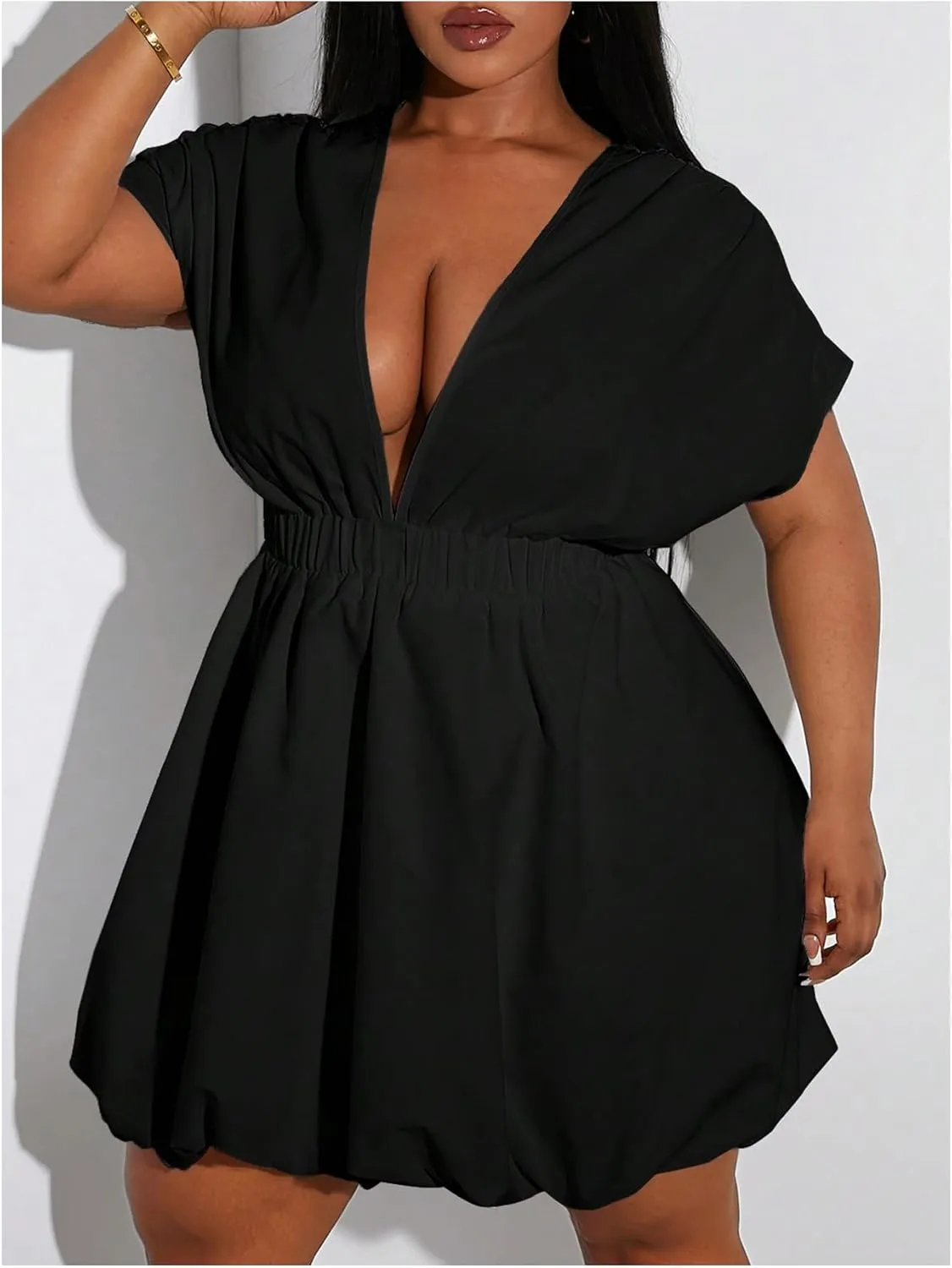 Women's Plus Size Deep V Neck Mini Bubble Dress Short Sleeve Puffy Dresses
