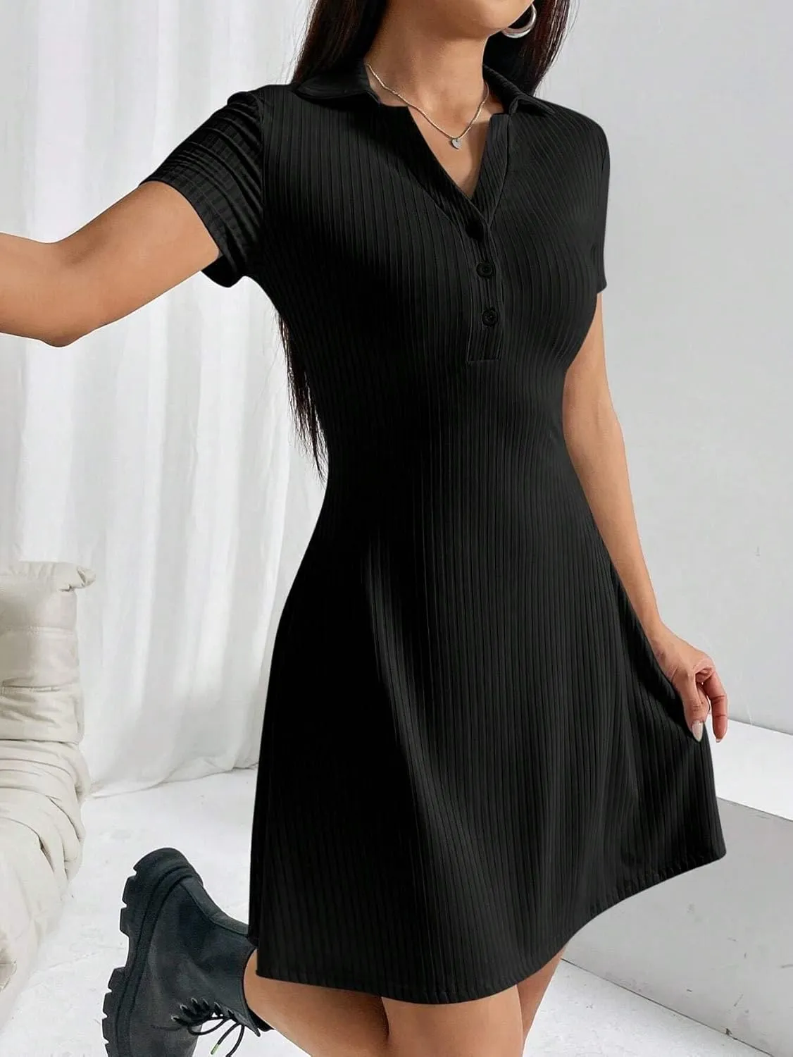 Women's 's Solid Color Collar Short Sleeve Dress, Business Casual Fashion Dresses for Women