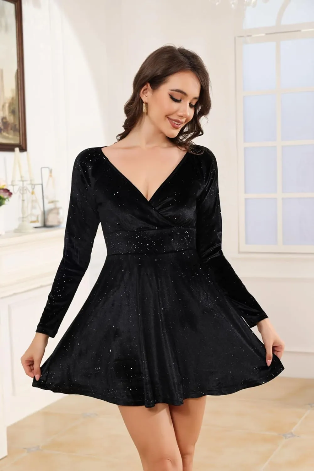 Womens Sequin Velvet Fit and Flare Mini Wrap V Neck Dress Long Sleeve Party Club A Line Skater Dress