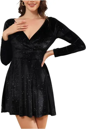 Womens Sequin Velvet Fit and Flare Mini Wrap V Neck Dress Long Sleeve Party Club A Line Skater Dress