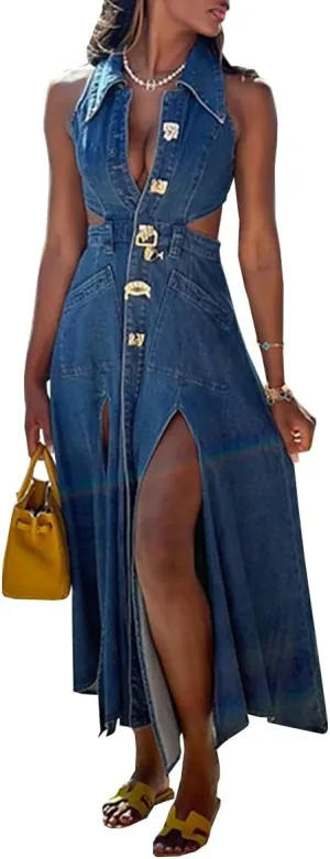 Women's Sexy Midi Denim Dress High Waist Sleeveless Lapel Hollow Slit Flowy A-Line Jean Dress