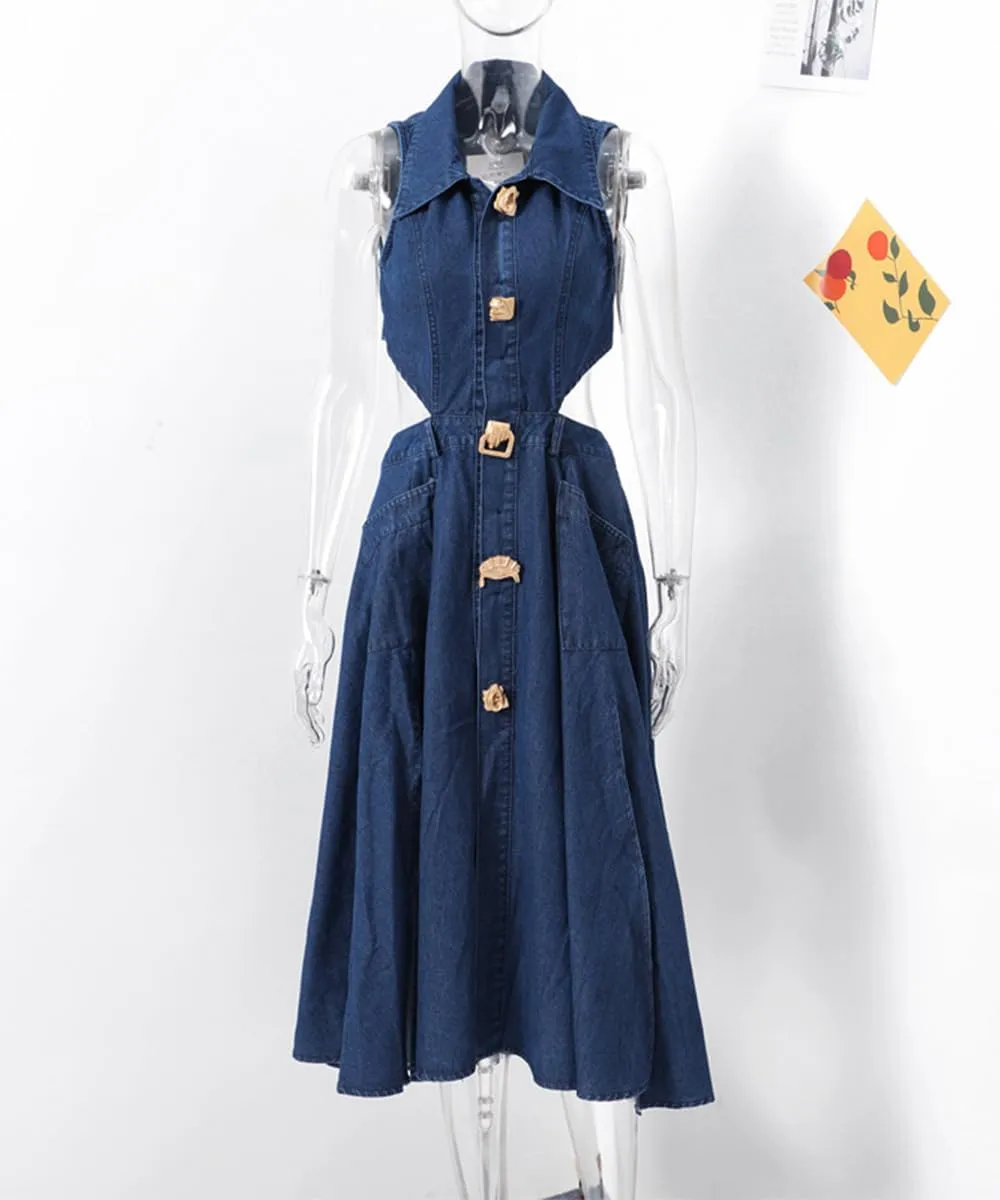 Women's Sexy Midi Denim Dress High Waist Sleeveless Lapel Hollow Slit Flowy A-Line Jean Dress