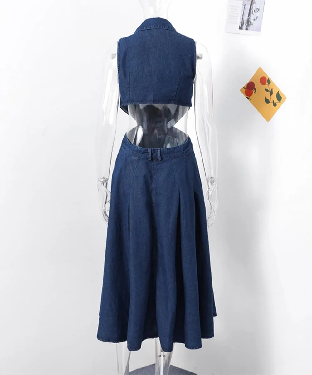 Women's Sexy Midi Denim Dress High Waist Sleeveless Lapel Hollow Slit Flowy A-Line Jean Dress